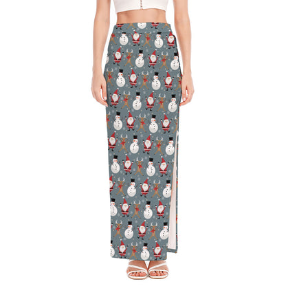 Santa Claus And Friends Pattern Print High Slit Maxi Skirt