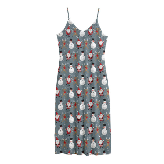 Santa Claus And Friends Pattern Print Jersey Midi Cami Dress