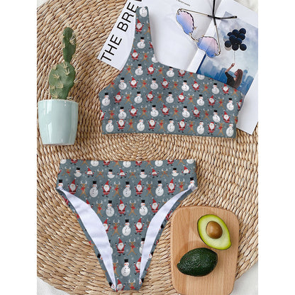 Santa Claus And Friends Pattern Print One Shoulder Bikini Top