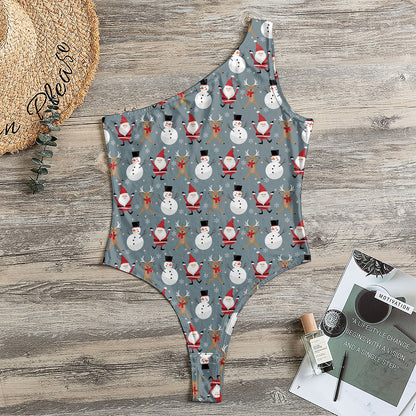 Santa Claus And Friends Pattern Print One Shoulder Bodysuit