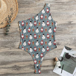 Santa Claus And Friends Pattern Print One Shoulder Bodysuit