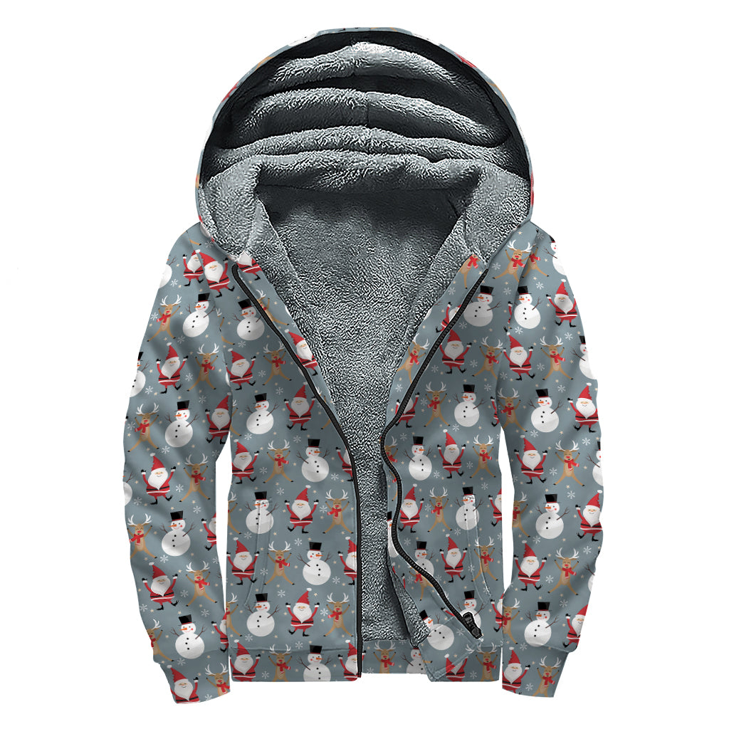 Santa Claus And Friends Pattern Print Sherpa Lined Zip Up Hoodie