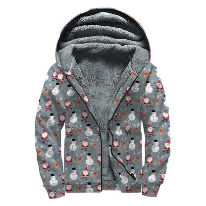 Santa Claus And Friends Pattern Print Sherpa Lined Zip Up Hoodie