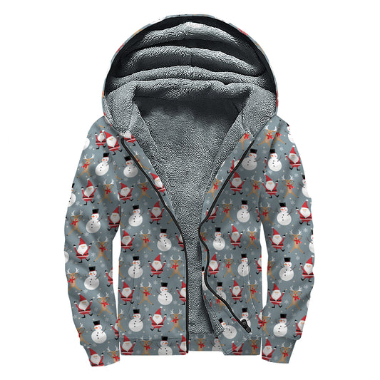 Santa Claus And Friends Pattern Print Sherpa Lined Zip Up Hoodie