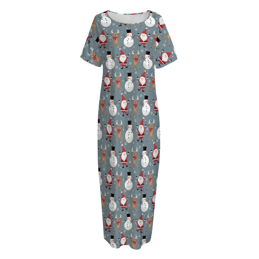 Santa Claus And Friends Pattern Print Short Sleeve Long Nightdress