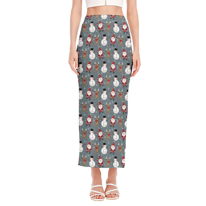 Santa Claus And Friends Pattern Print Side Slit Maxi Skirt
