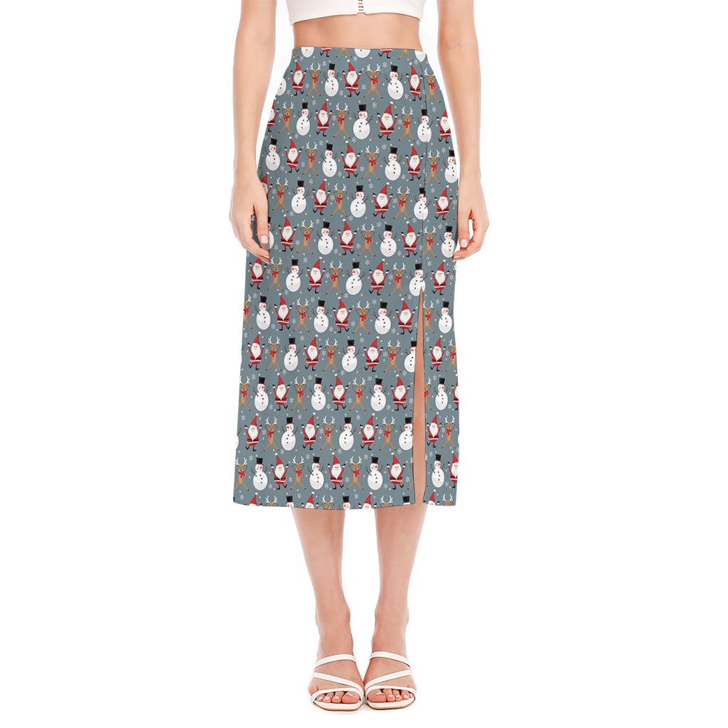 Santa Claus And Friends Pattern Print Side Slit Midi Skirt