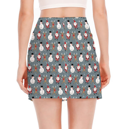 Santa Claus And Friends Pattern Print Side Slit Mini Skirt