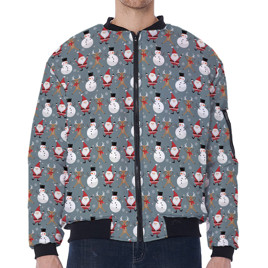 Santa Claus And Friends Pattern Print Zip Sleeve Bomber Jacket