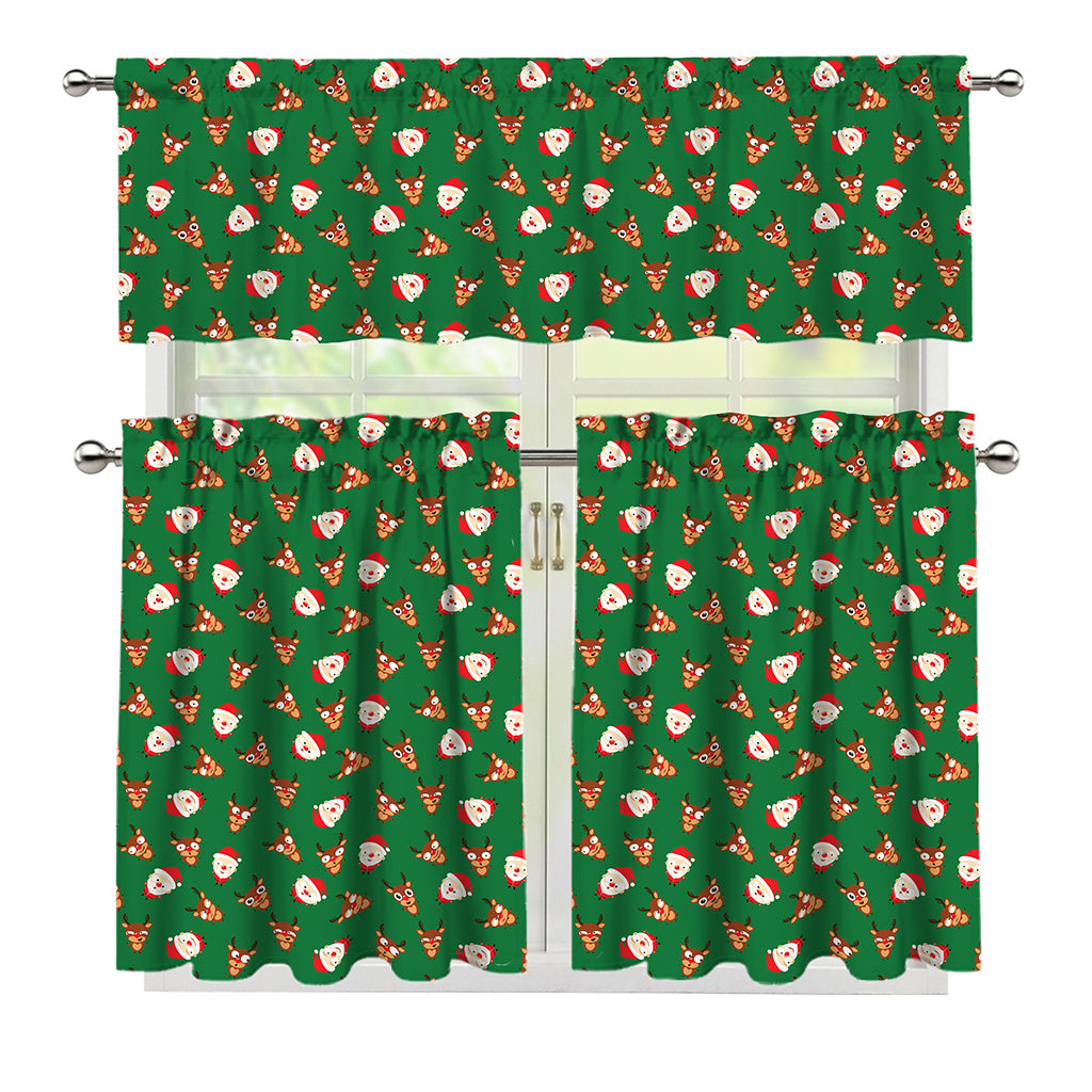 Santa Claus And Reindeer Emoji Print 3 Piece Kitchen Curtains