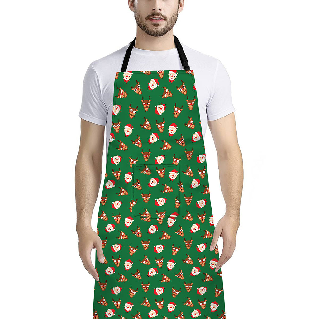 Santa Claus And Reindeer Emoji Print Bib Apron With Pocket