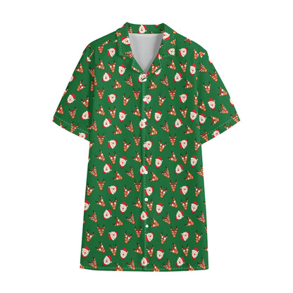 Santa Claus And Reindeer Emoji Print Cotton Hawaiian Shirt