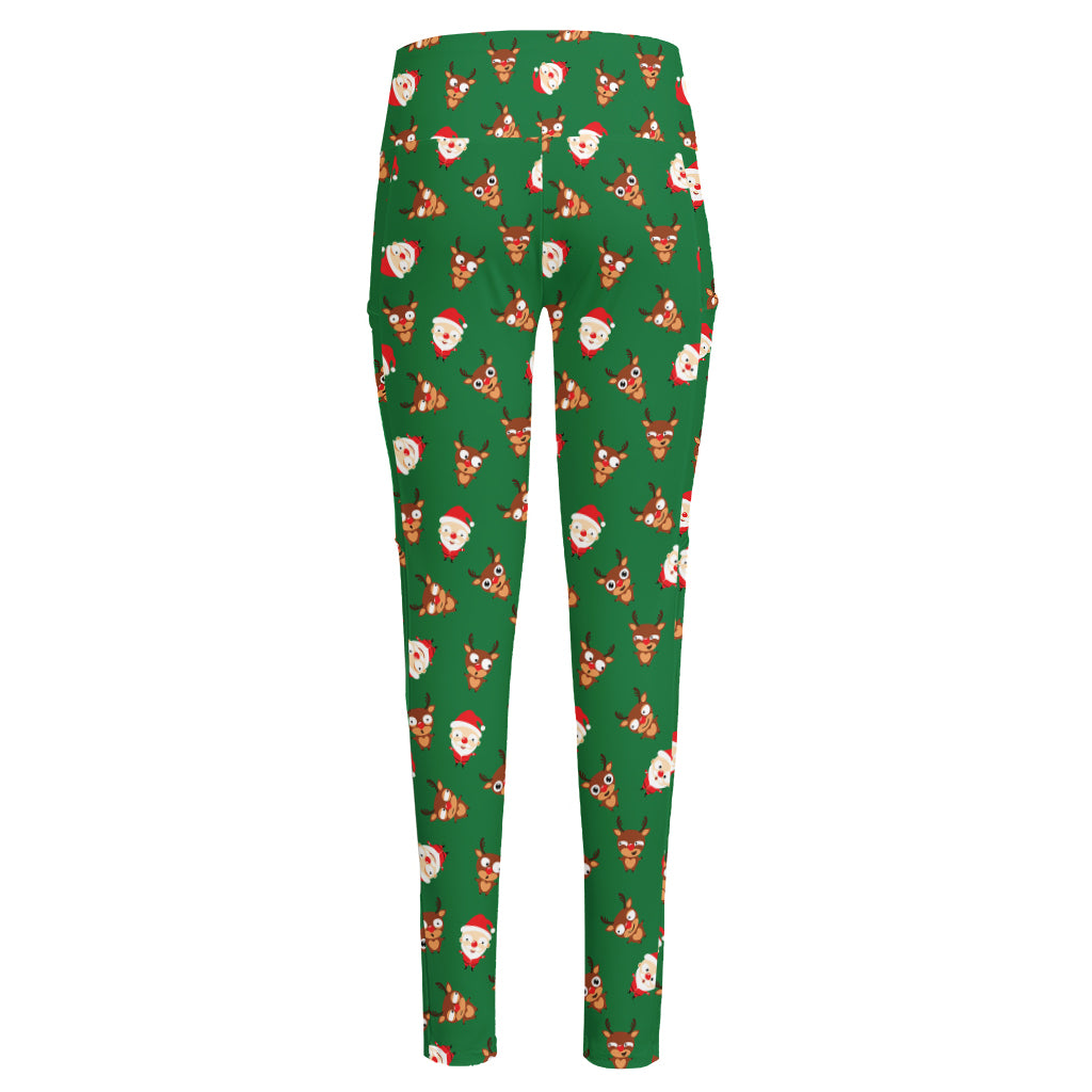 Santa Claus And Reindeer Emoji Print High-Waisted Pocket Leggings