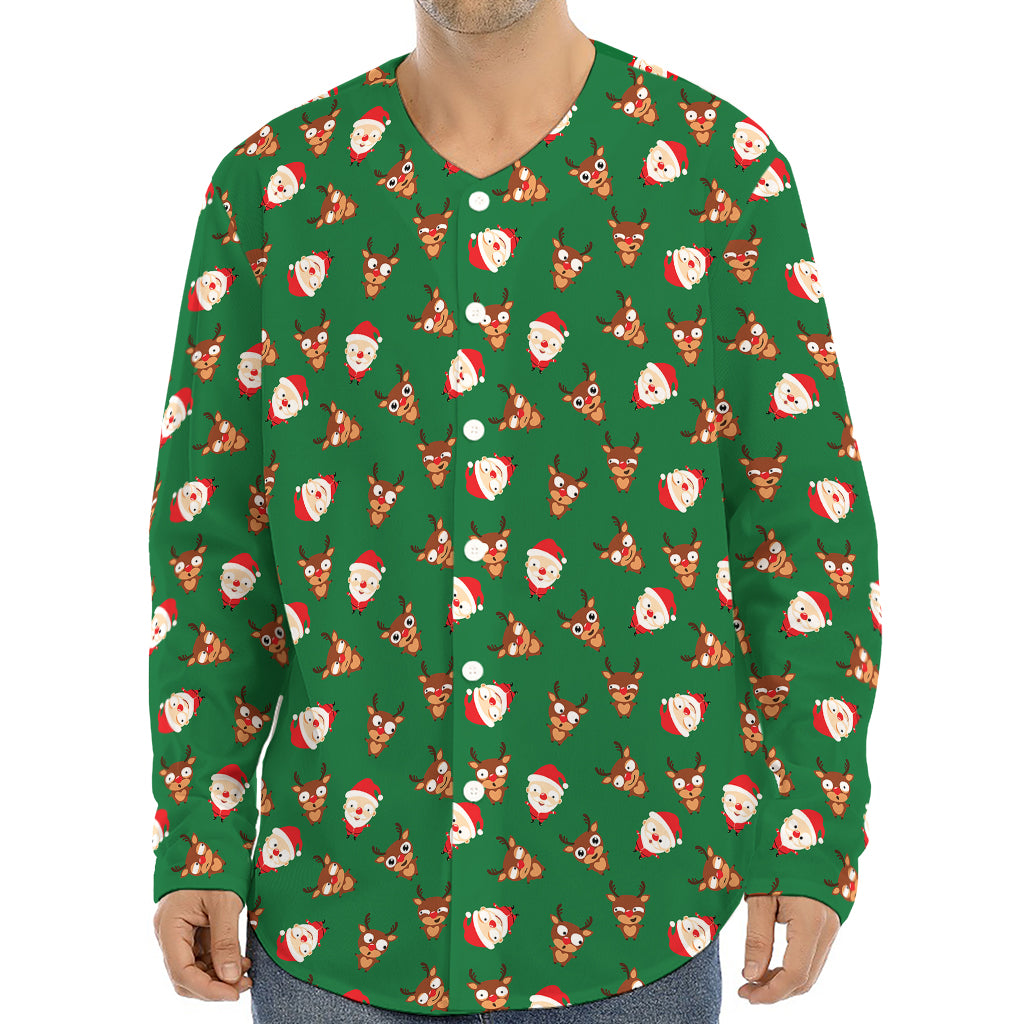 Santa Claus And Reindeer Emoji Print Long Sleeve Baseball Jersey