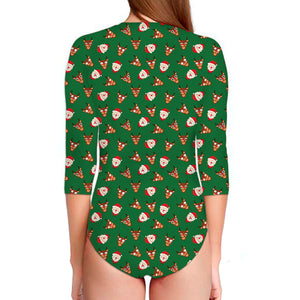 Santa Claus And Reindeer Emoji Print Long Sleeve Swimsuit