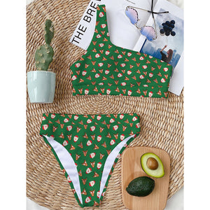 Santa Claus And Reindeer Emoji Print One Shoulder Bikini Top