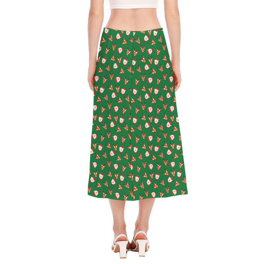 Santa Claus And Reindeer Emoji Print Side Slit Midi Skirt