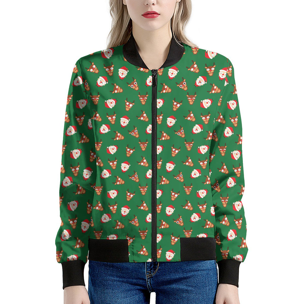 Santa Claus And Reindeer Emoji Print Women's Bomber Jacket