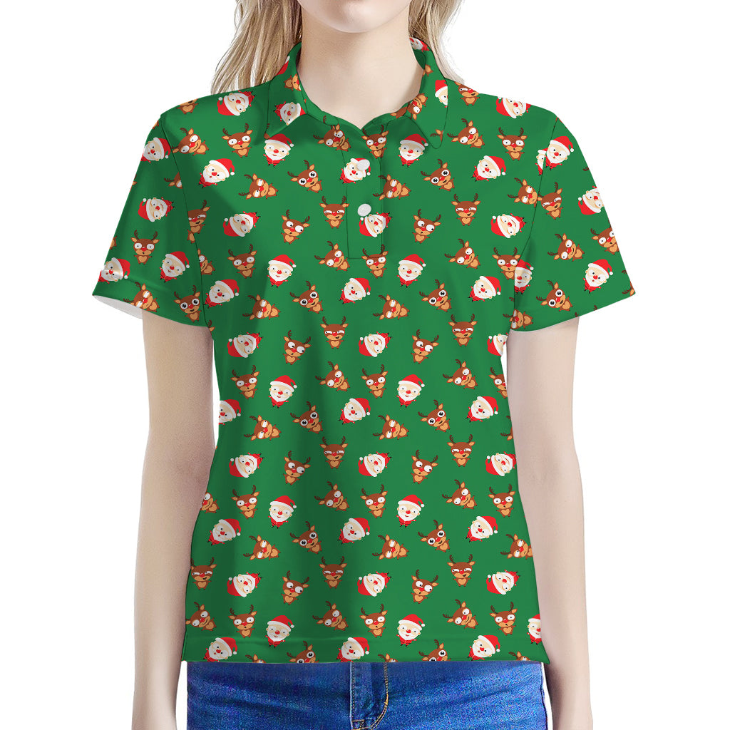 Santa Claus And Reindeer Emoji Print Women's Polo Shirt