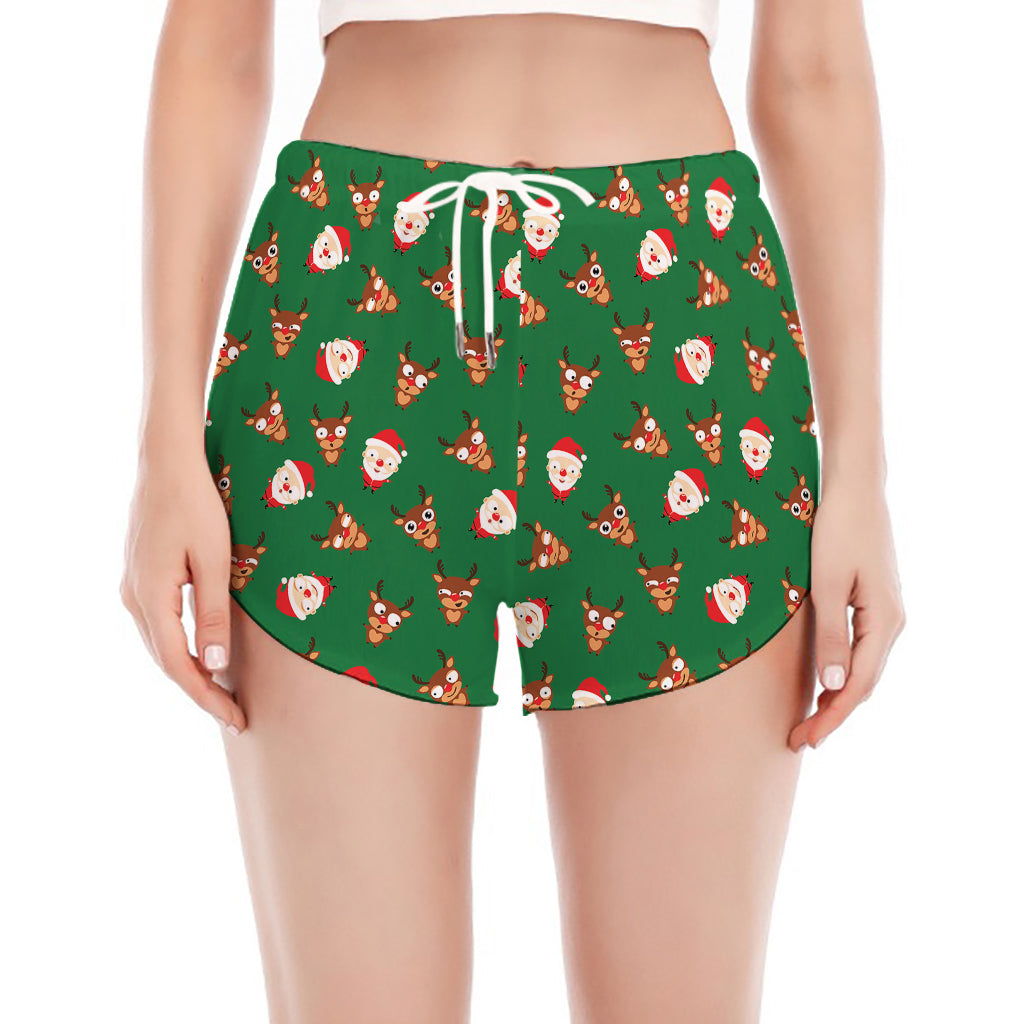 Santa Claus And Reindeer Emoji Print Women's Split Running Shorts