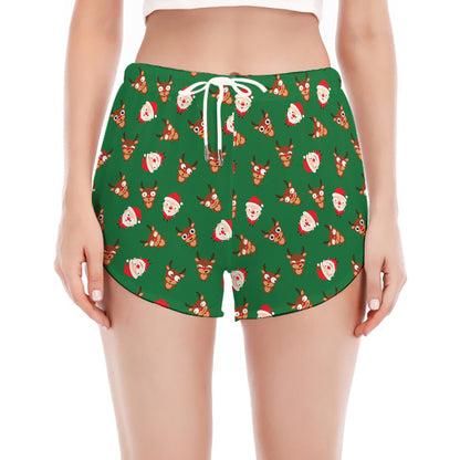 Santa Claus And Reindeer Emoji Print Women's Split Running Shorts