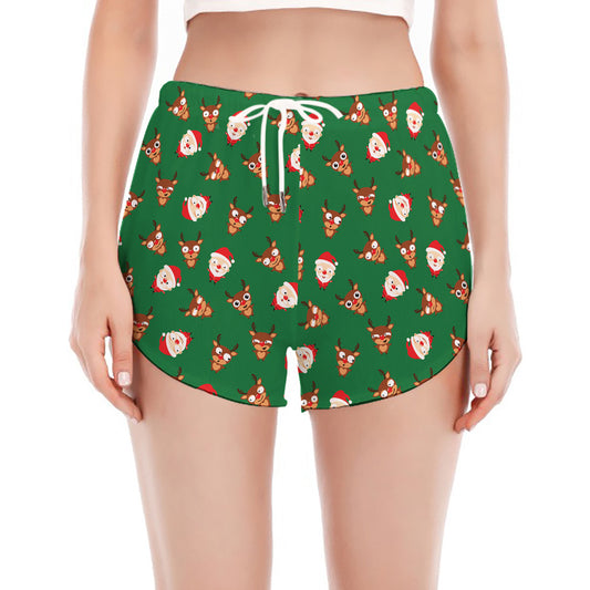 Santa Claus And Reindeer Emoji Print Women's Split Running Shorts