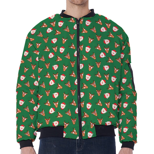 Santa Claus And Reindeer Emoji Print Zip Sleeve Bomber Jacket