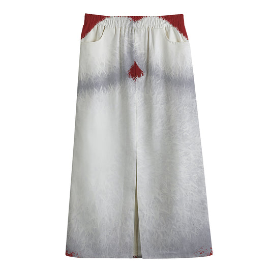 Santa Claus Beard Print Cotton Front Slit Maxi Skirt