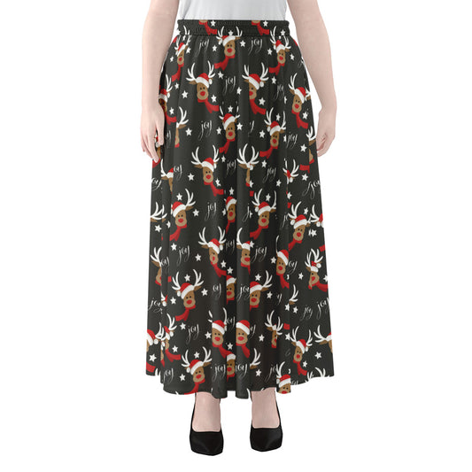 Santa Claus Deer Pattern Print Chiffon Maxi Skirt