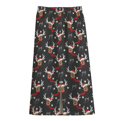 Santa Claus Deer Pattern Print Cotton Front Slit Maxi Skirt