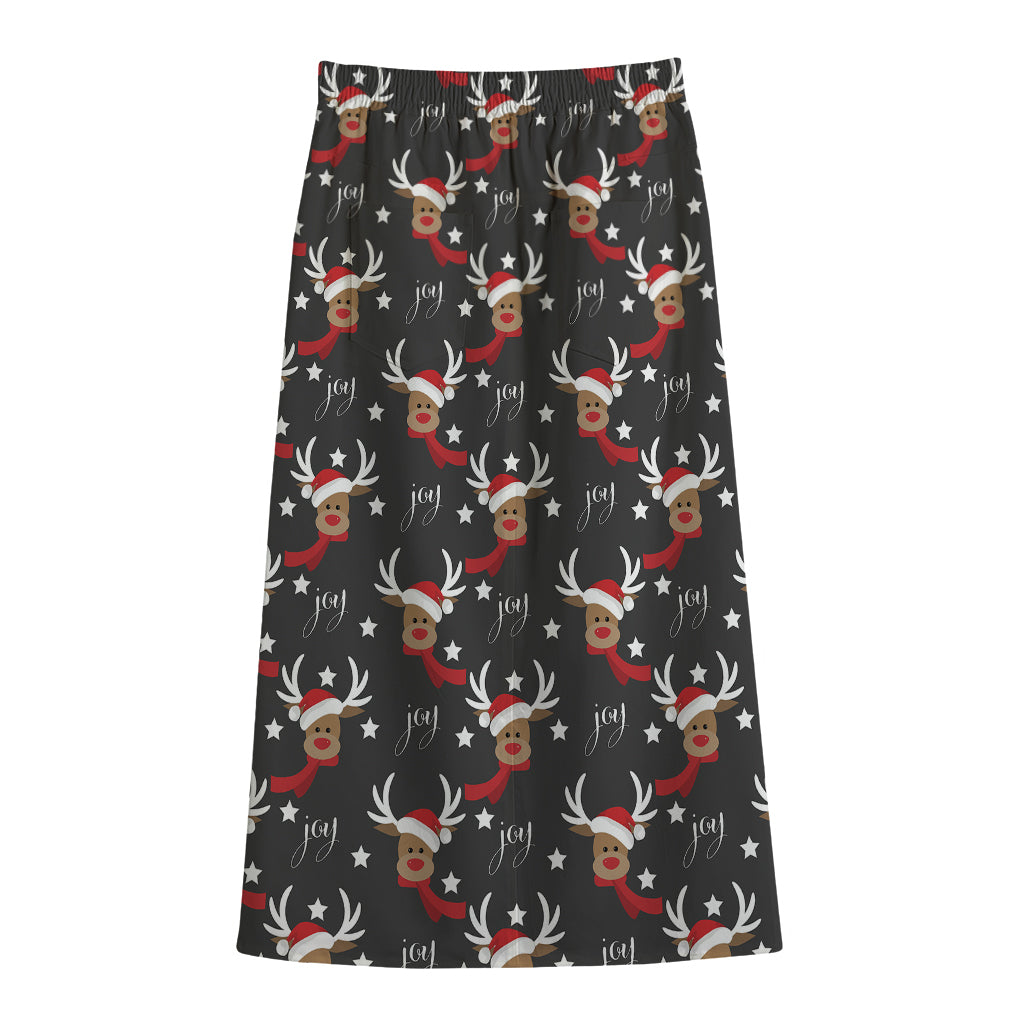 Santa Claus Deer Pattern Print Cotton Front Slit Maxi Skirt