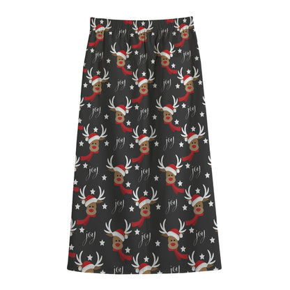 Santa Claus Deer Pattern Print Cotton Front Slit Maxi Skirt