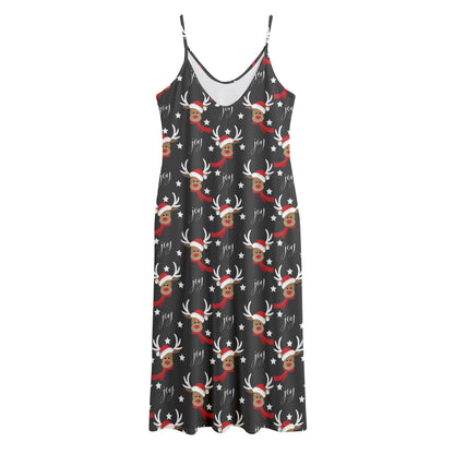 Santa Claus Deer Pattern Print Jersey Midi Cami Dress