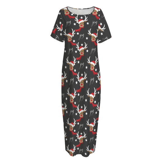 Santa Claus Deer Pattern Print Short Sleeve Long Nightdress