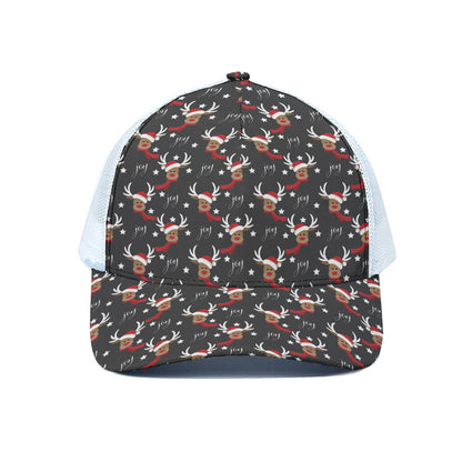 Santa Claus Deer Pattern Print White Mesh Trucker Cap
