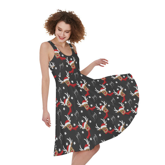 Santa Claus Deer Pattern Print Women's Sleeveless Dress