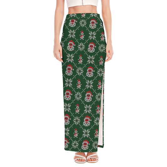 Santa Claus Knitted Pattern Print High Slit Maxi Skirt