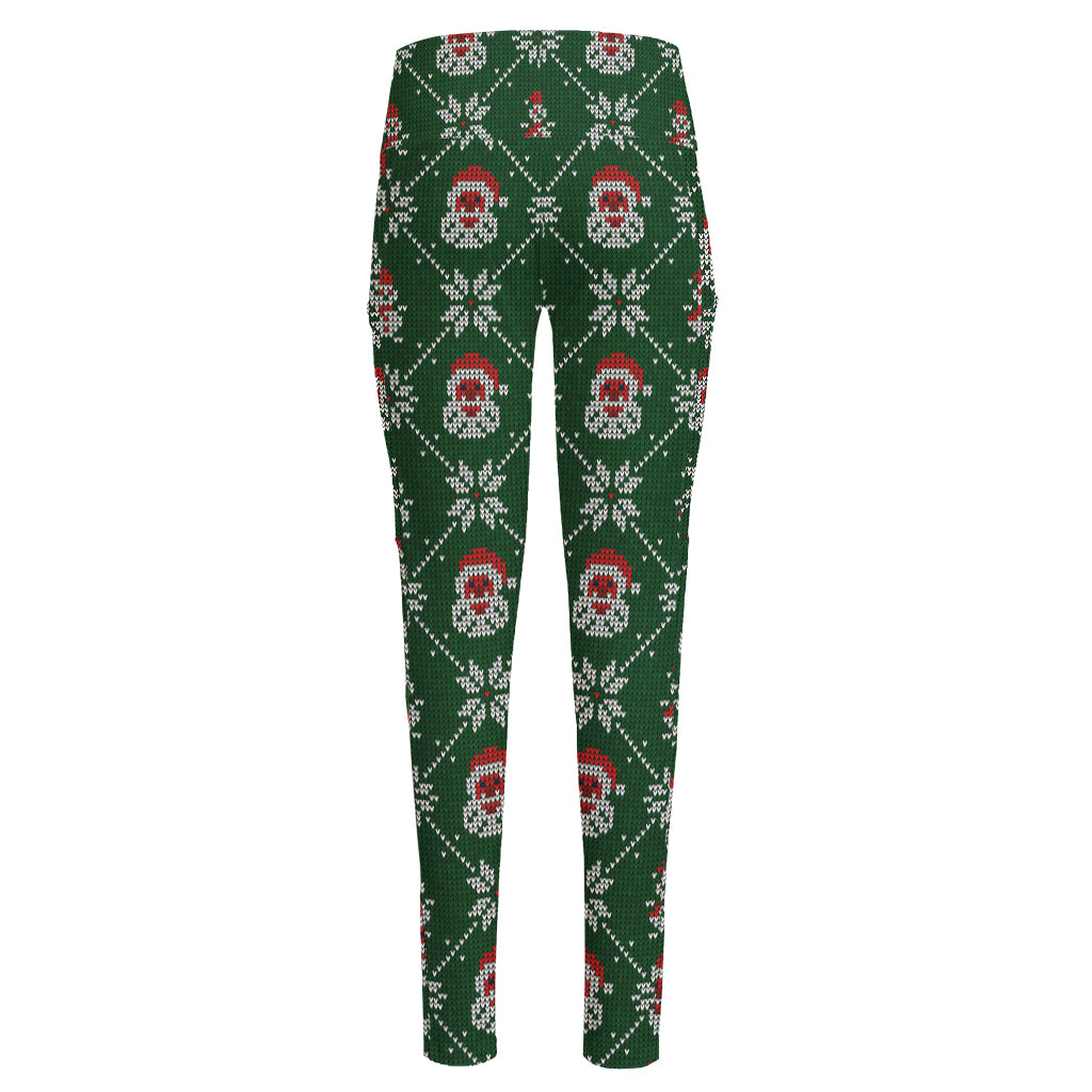 Santa Claus Knitted Pattern Print High-Waisted Pocket Leggings