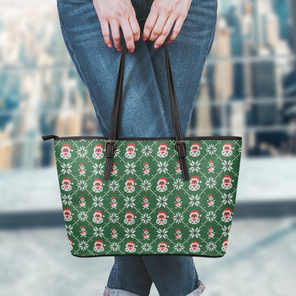Santa Claus Knitted Pattern Print Leather Tote Bag