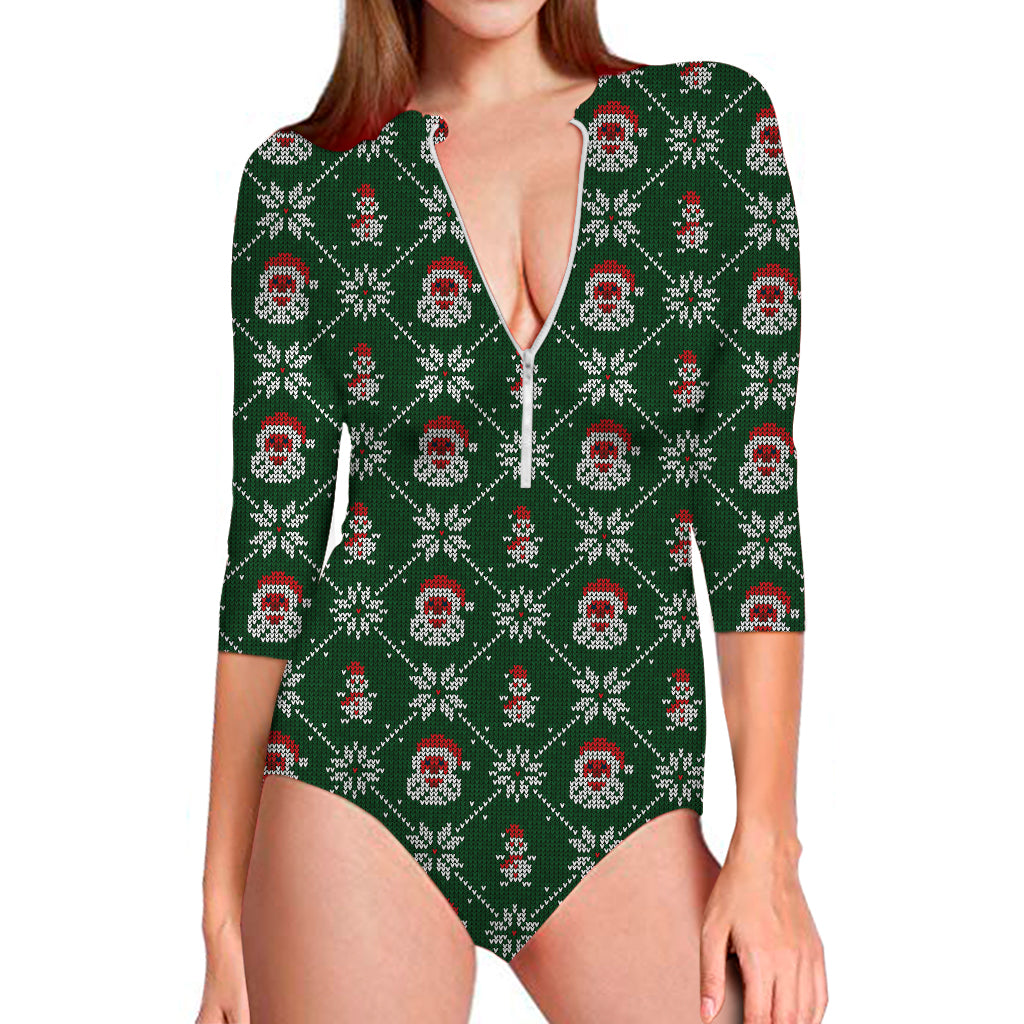 Santa Claus Knitted Pattern Print Long Sleeve Swimsuit