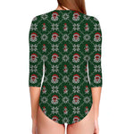 Santa Claus Knitted Pattern Print Long Sleeve Swimsuit