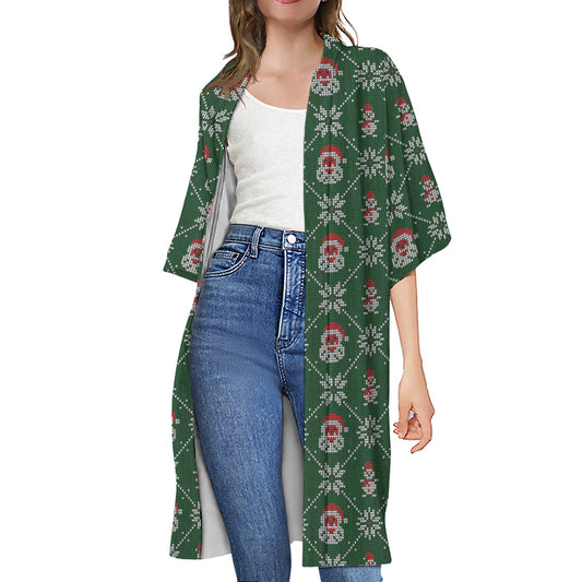 Santa Claus Knitted Pattern Print Open Front Beach Cover Up