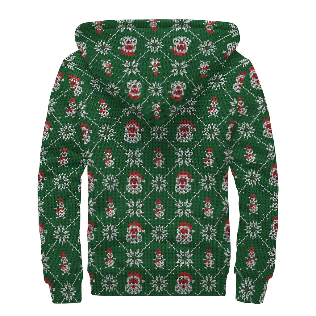 Santa Claus Knitted Pattern Print Sherpa Lined Zip Up Hoodie