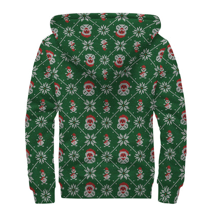 Santa Claus Knitted Pattern Print Sherpa Lined Zip Up Hoodie