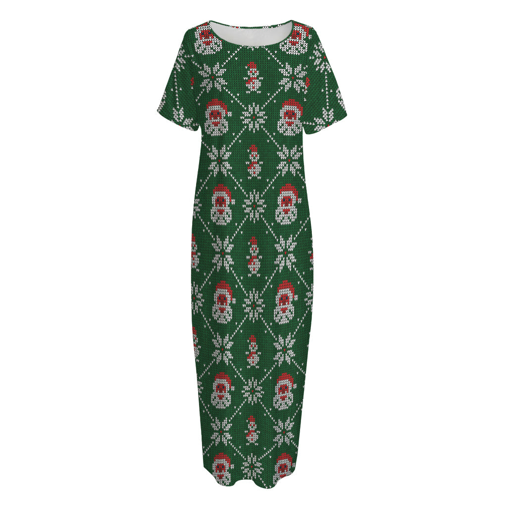 Santa Claus Knitted Pattern Print Short Sleeve Long Nightdress