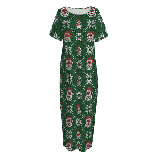 Santa Claus Knitted Pattern Print Short Sleeve Long Nightdress