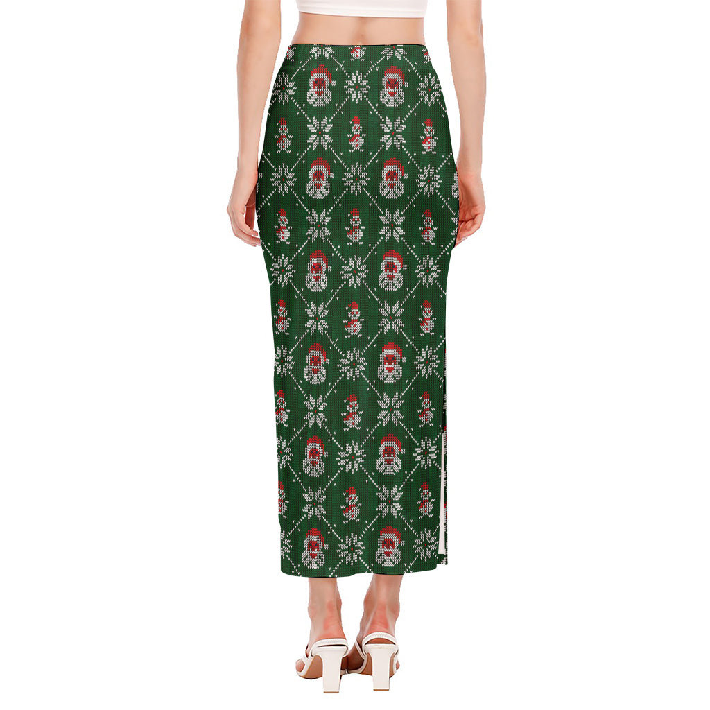 Santa Claus Knitted Pattern Print Side Slit Maxi Skirt