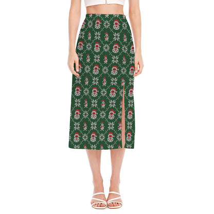 Santa Claus Knitted Pattern Print Side Slit Midi Skirt