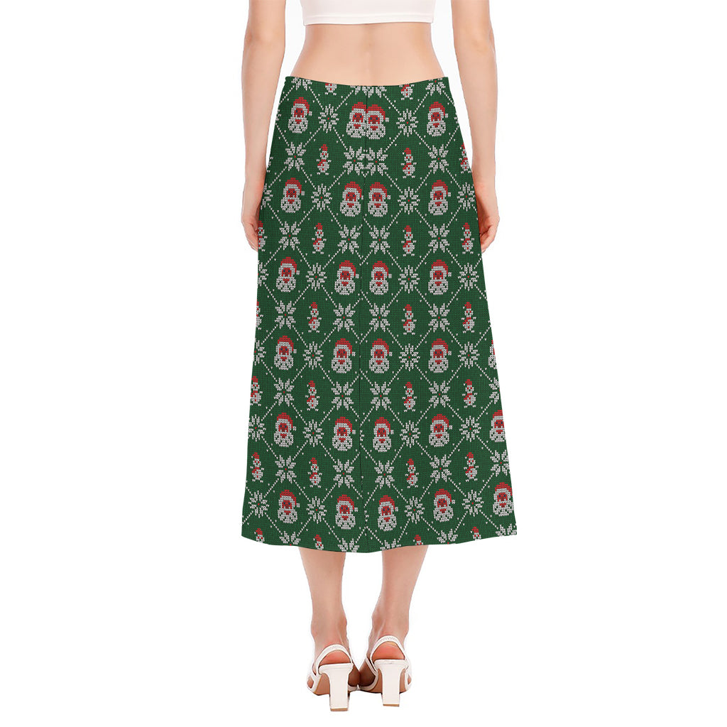 Santa Claus Knitted Pattern Print Side Slit Midi Skirt