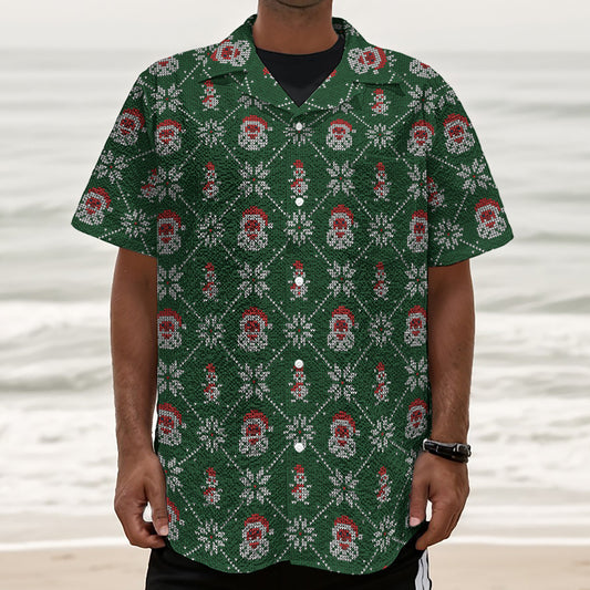 Santa Claus Knitted Pattern Print Textured Short Sleeve Shirt